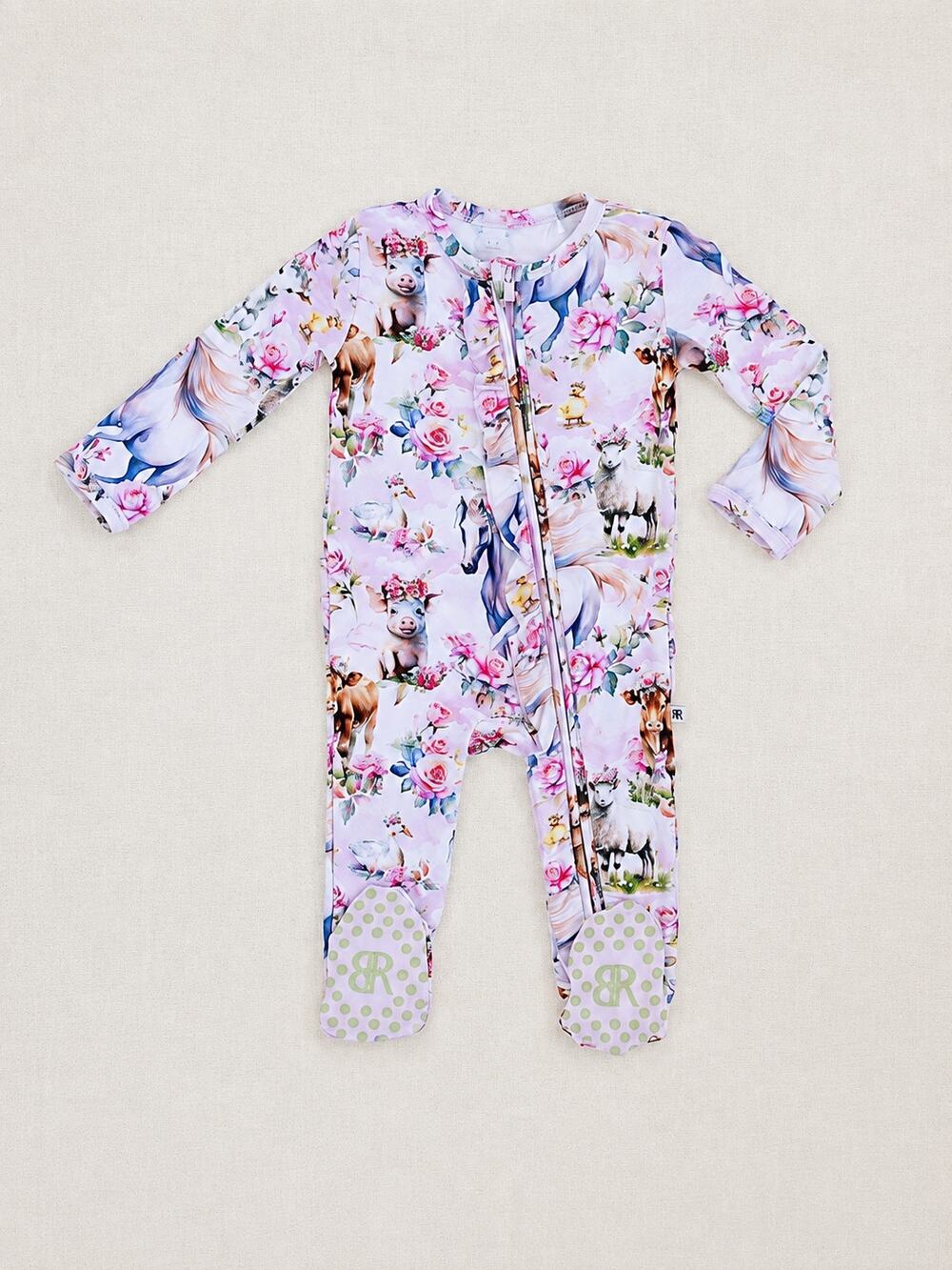 Bums & Roses Hay Girl Hay 9-12M Bamboo Ruffle Footie Farm Animals Floral